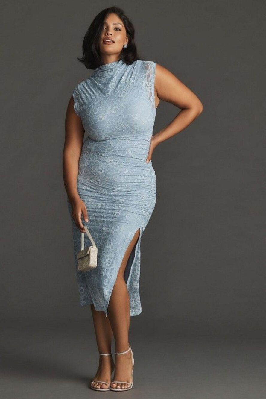 Anthropologie Maya Ruched Cowl-Neck Midi Dress Blue Lace Edition Sz XL Wedding